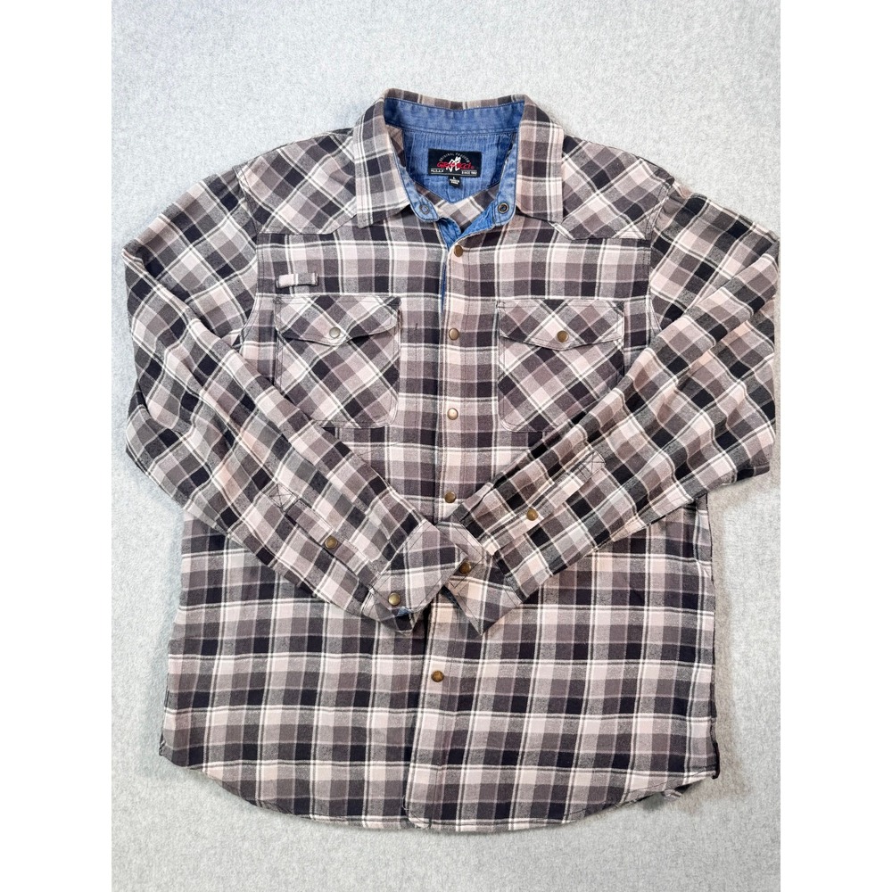 Gramicci Mens Grey Plaid Flannel Snap Front Shirt Denim Trim Size L